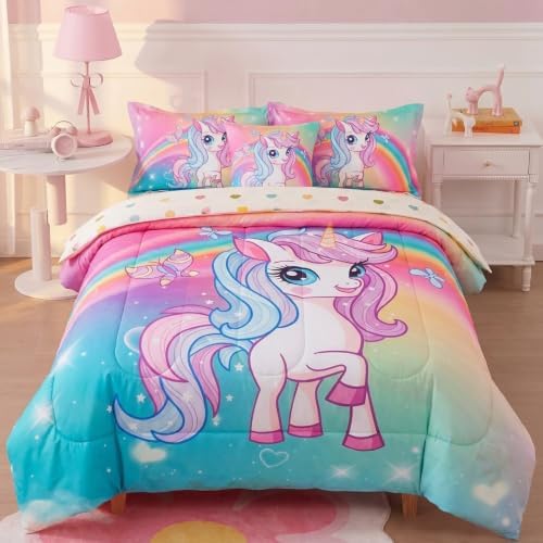 ADASMILE A & S 6Pcs Unicorn Bedding Twin for Girls Princess Rainbow Bedding