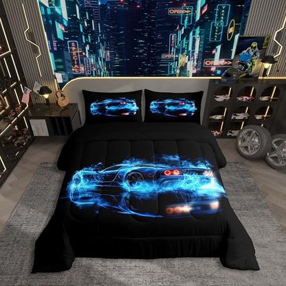Erosebridal Teal Race Car Comforter Set Queen Size for Boys Kids,Navy Blue Fire Racing Cars Bedding for Teens Children,Cool Speed Race Sports Car Comforter,Royal Blue Cama De Carro para Niños
