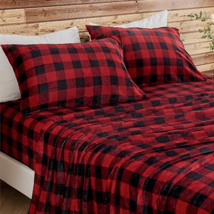BEDELITE Plaid Flannel Sheet Set, Queen Size, Red and Black, 4 Pieces