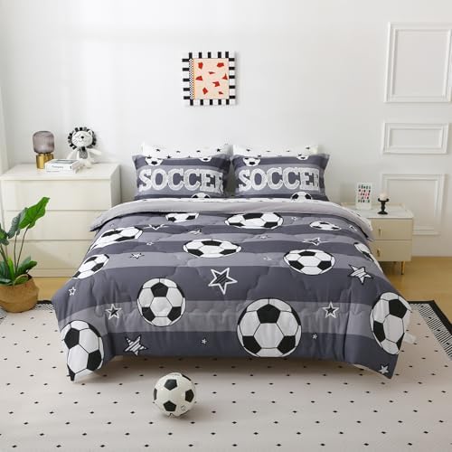 Boys Sports 7 Piece Soccer Comforter Set Queen Size 3D Football Playground Bedding Set for Kids Comforter Gray(Comforter,Flat Sheet,Fitted Sheet and Pillow Sham)