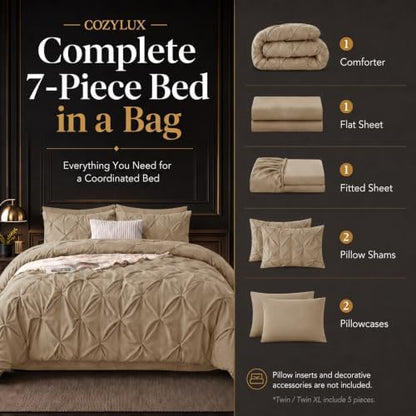CozyLux Queen Comforter Set Taupe, 7 Pieces Pintuck Bed in a Bag