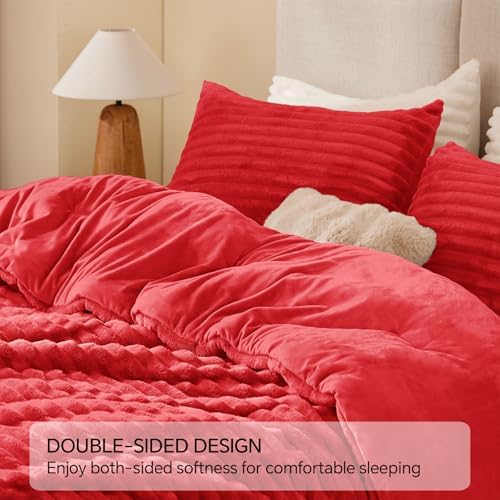 BEDELITE Fleece Queen Comforter Set, Fluffy Bed Set, Red
