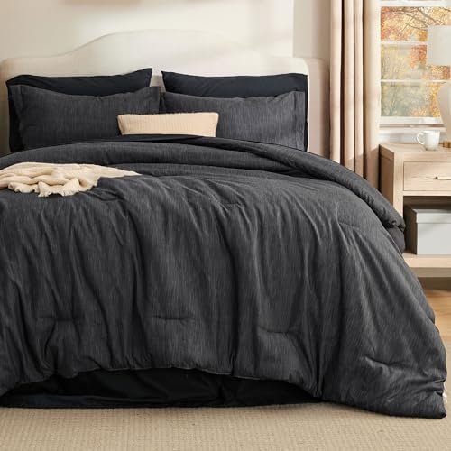 Bedsure Full Comforter Set Black - Bed in a Bag Full Size 7 Pieces, Cationic Dyed Bed Set Gift for Family, Soft Bedding for All Seasons Comforter with Sheets, Pillowcases & Shams