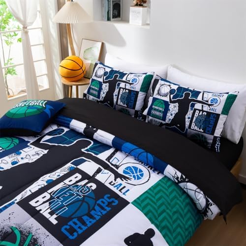 Aimuan Basketball Bedding Set for Boys Kids Teens, Soft Green and Blue Sports Geometric Grid Patchwork Theme Basketball Bedding Sets Full Size, Blue-Green