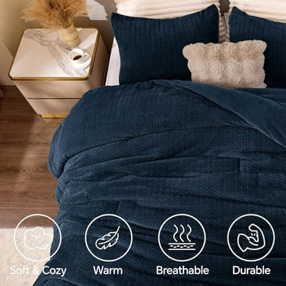 ChiXpace Fleece Full Size Comforter Set Navy, Fluffy Bed Set 3 Pieces