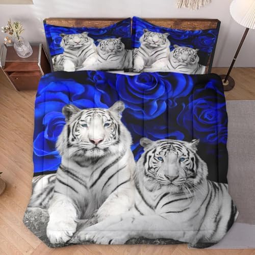 WeCozy Queen Comforter Set, 3 Pieces White Tiger Bedding, All Season