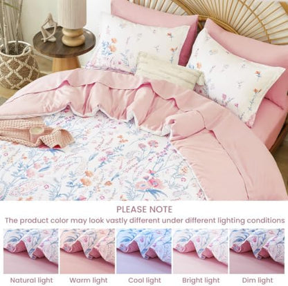 Yiran Pink Floral Comforter Set Queen Size, 7 Piece Cute Comforters Bed in a Bag Blush Flower, Soft Coquette Cottagecore Aesthetic Botanical Bedding Set with Sheets for Women Girls