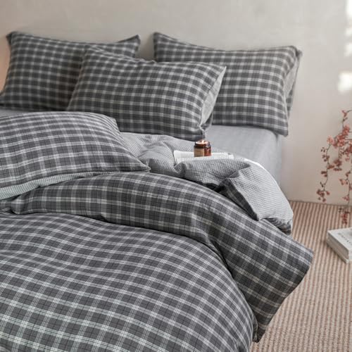 Vintage Buffalo Plaid Duvet Cover Twin 100% Cotton Muslin Retro Grey Plaid Grid Gingham Bedding Set Breathable Soft Gauze Comforter Cover 3 Piece Farmhouse Gingham Duvet Cover with Zipper Closure