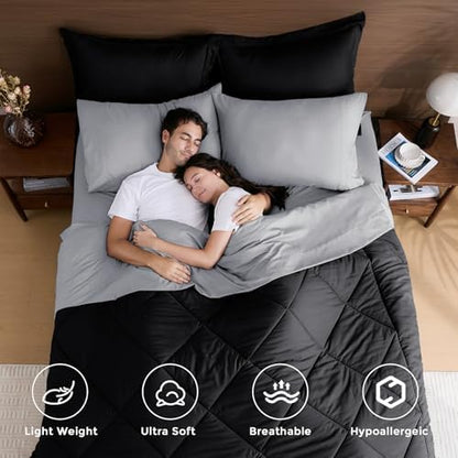 HEVUMYI 7-Piece King Comforter Set, Black & Light Grey Bed in a Bag