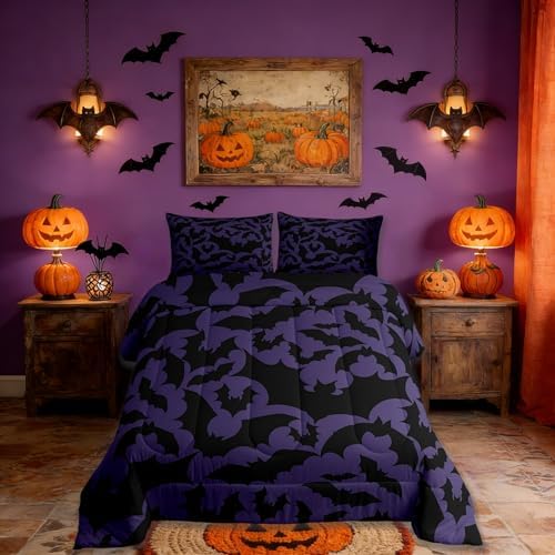 Castle Fairy Halloween Themed Comforter Set Twin Size,Black Bats Animal Print Quilt Set for Kids Boys Bedroom Collection,Dark Purple Color Polyester Bedding with 1 Pillowcase,2Pcs