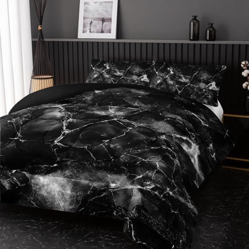 Nttopship Black and White Comforter Set Full Size，Black and White Marble Bedding Set 3 Pcs Bedding for Adults, Marble Room Decor with Comforter and 2 Pillowcases Soft and Lightweight