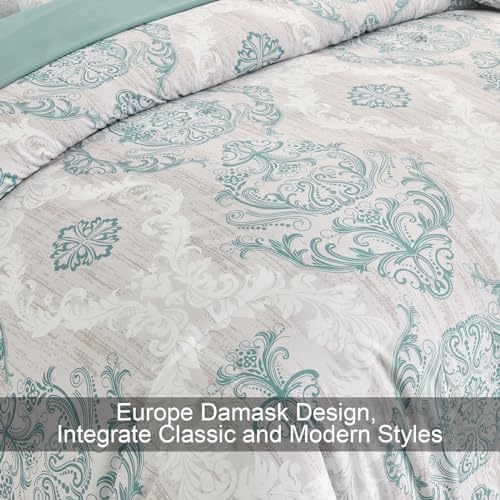 WONGS BEDDING Aqua Comforter Set Queen Size, Damask Texture 7 Pieces Bed in a Bag Microfiber Bohemian Comforter Bedding Sheet Set with Comforter, Flat Sheet, Fitted Sheet,Pillow Shams,Pillowcases