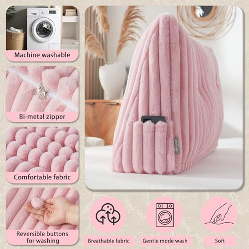 Headboard Pillow + A Long Neck Roll Pillow Body Pillow，Faux Fur Headboard Wedge Pillow with Removable Cover (Pink, Full：54x8x20 inches)