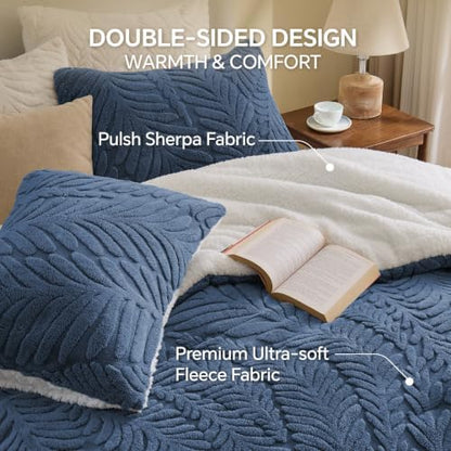BEDELITE Fluffy Sherpa Queen Comforter Set,Leaf-Navy