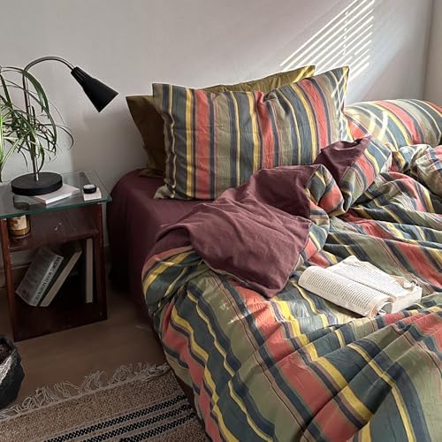 mixinni Vintage Striped Duvet Cover Set Twin Size - 3 Piece 100% Washed Cotton Bedding Set, Soft & Breathable, Colorful Striped Pattern Printed Comforter Cover for All Seasons