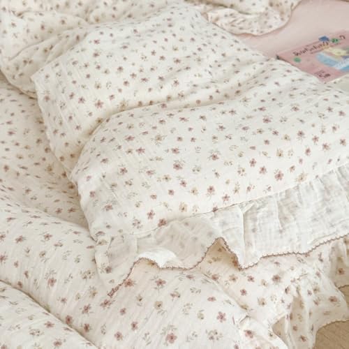 VM VOUGEMARKET 3 Pieces Full Cream Duvet Cover Set Ruffled,Girls Double-Layer Cotton Gauze Duvet Cover with Floral Pattern,Zipper Closure & Corner Ties,80"x90"