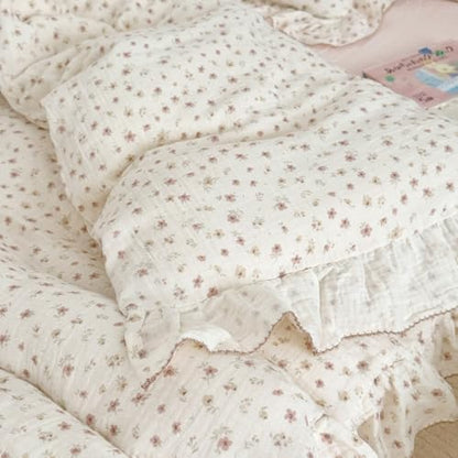 VM VOUGEMARKET 3 Pieces Full Cream Duvet Cover Set Ruffled,Girls Double-Layer Cotton Gauze Duvet Cover with Floral Pattern,Zipper Closure & Corner Ties,80"x90"
