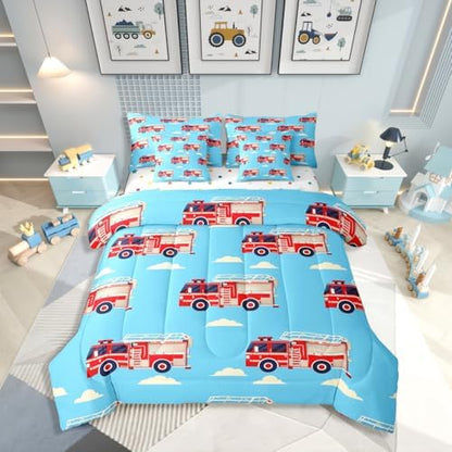 Erosebridal Cartoon Fire Truck King Comforter Set with Sheets, Red Firemen Car Bed in A Bag, White Cloud Blue Sky 7 Pieces Bedding Set for Kids Men Teens Boys Room Decor, Fire Engine Bed Sets