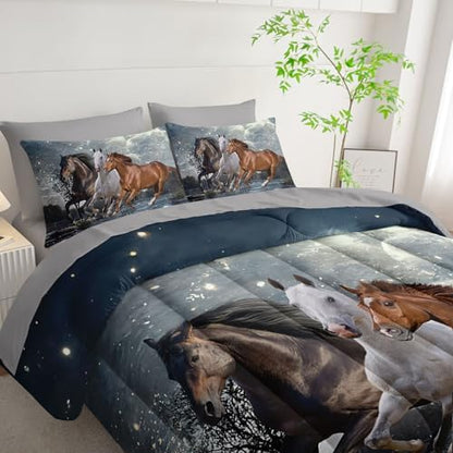 7Pcs Comforter Set 3D Western Horses Printed Bedding Set with 1 Comforter, 1 Flat Sheet, 1 Fitted Sheet and 4 Pillowcases for Boys and Girls Bedroom All Season(Horses Twin)
