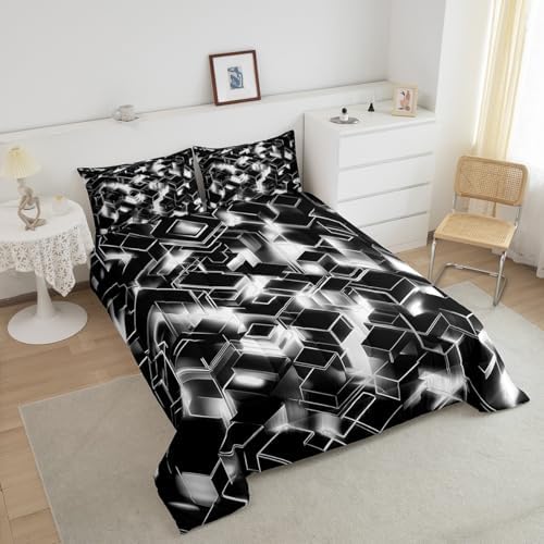 Feelyou Neon Grey Black Comforter Set for Kids Boys Girls Honeycomb Comforter Twin Size Hexagonal Bedding Set Bedroom Decor Modern Duvet Set Quilt Set 2Pcs