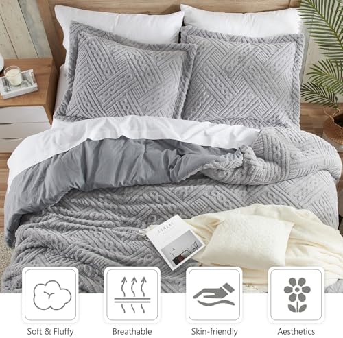 Homelike Moment Fleece Queen Comforter Set, Fluffy Bed Set 3 Piece Grey