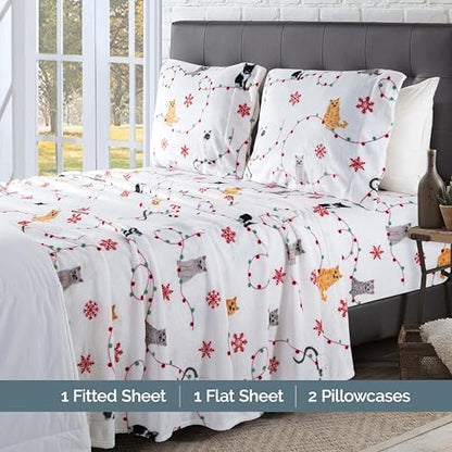 Elegant Comfort Luxuriously Soft 4-Piece Holiday Velvet Plush Flannel Sheet Set - Premium Quality - Cozy Warm, Christmas Fuzzy Velvet Flannel Fleece Deep Pocket Sheet Set - Twin XL, Jingle Cats