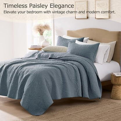 palassio Dusty Blue Paisley 100% Cotton Quilt Twin Size Bedding Sets with 1 Pillow Sham, Boho Floral Lightweight Farmhouse Country Vintage Soft Bedspread Shabby Chic Coverlet for All Season, 2 Pieces
