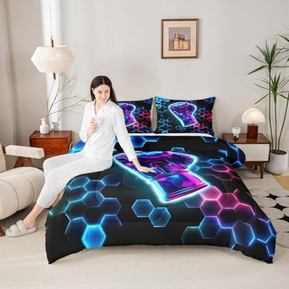 Erosebridal Boxing Gifts Kids Comforter Set | 3D Glitter Gloves Bedding King,Colorful Neon Lights Down Comforter Hexagon Honeycomb Duvet Set for Bedroom