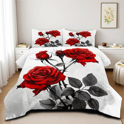 CCoutueChen Floral Comforter Set Red Rose Green Botanical Bedding King