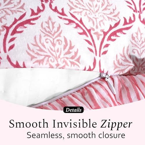 CPC Block Print Blush Rose Ruffle Cotton Lumbar Pillow Cover 14x36 inch