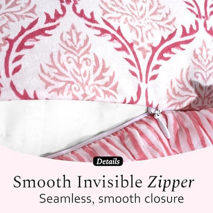 CPC Block Print Blush Rose Ruffle Cotton Lumbar Pillow Cover 14x36 inch