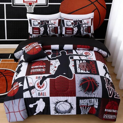 Aimuan Sports Geometric Grid Black Patchwork Basketball Printed for Boys Twin 6Pcs Bed in A Bag Black and Red Comforter Bedding Set Twin Size, Black-Red