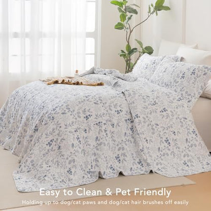 Lady Ann Oversized King Quilt Bedspreads 120x120, 3 Pcs Cotton Floral California King Size Quilt Bedding Set， Blue and White Floral & Leaves Pattern Plant Botanical Printed Quilted Coverlet Set