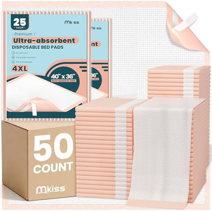 MKISS Extra Large Bed Pads with Adhesive Strips 40" x 36" 50 Count
