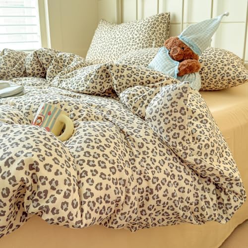 VM VOUGEMARKET Leopard Duvet Cover Set Queen,Cream Grey,Muslin Cotton