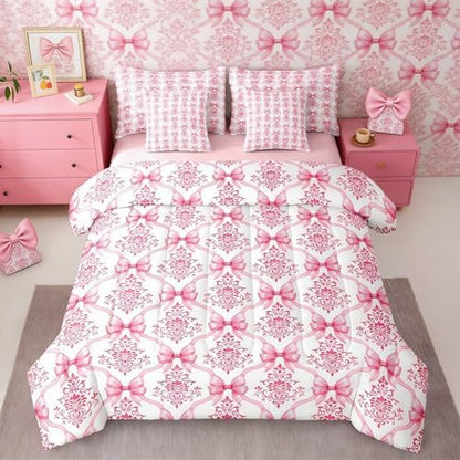 Erosebridal Pink Bow Decor Victorian King Size Comforter Set with Sheets | Antique Damask 7-Piece Bedding Set Gothic Baroque Floral Bow Bed in a Bag, Bohemian Bowknot Bed Sets