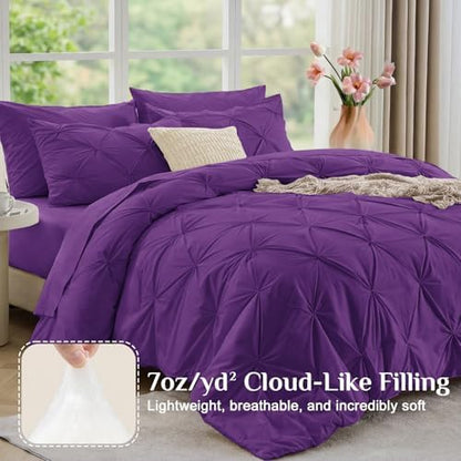 JOLLYVOGUE Full Size Comforter Sets 7 Pieces - Bed in a Bag Full for All Season, Pintuck Bedding Comforter Sets with Comforter, Flat Sheet, Fitted Sheet and Pillowcases & Shams, Purple