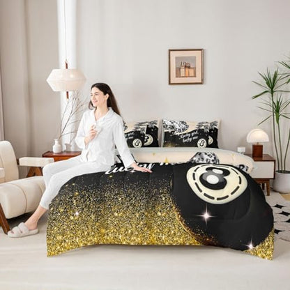 Erosebridal Y2K Lucky 8 Ball 7 Piece Bedding Set Trendy Cheetah Print Bow Comforter Set Queen Size for Kids Teen Adults,Grey Leopard Glitter Print Bed in A Bag Preppy Fashion Aesthetic Bed Set