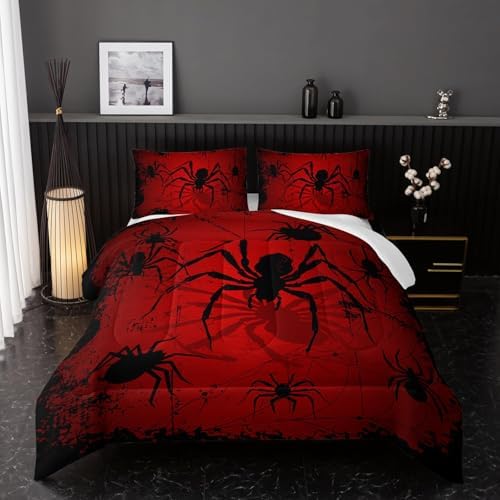 Nttopship Boys Spider Printed Comforter Set Bed in A Bag King Size 3PCS Red Bedding Set Cool Black Spider Quilt Set Girls Boys Kids Comforter Bedding Set with 2 Pillowcases