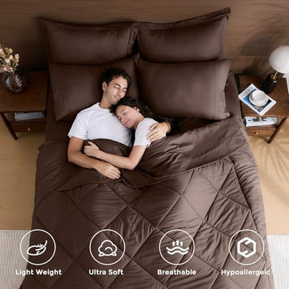 HEVUMYI 7-Piece King Comforter Set, Brown Bed in a Bag