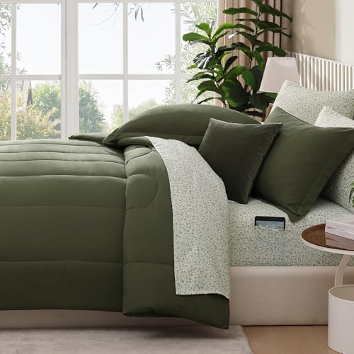 King Size Comforter Set-7 Pieces Green Soft Bed in a Bag King Bedding Sets