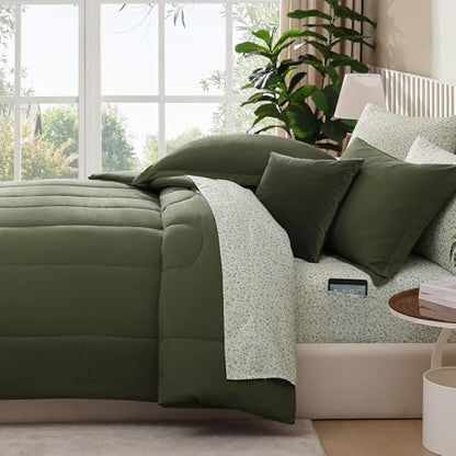 King Size Comforter Set-7 Pieces Green Soft Bed in a Bag King Bedding Sets