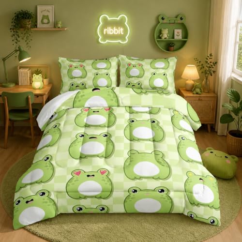 Nttopship Cartoon Frog Comforter Bedding Set with 2 Pillowcase King Size Cute Animals Comforter Set for Kids Boys Girls Bedroom Decor