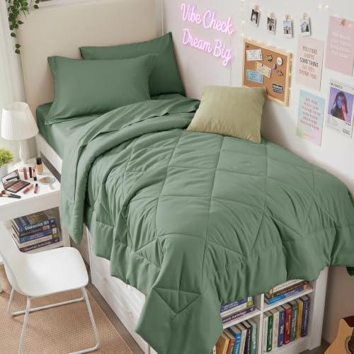 HEVUMYI 5-Piece Twin Comforter Set, Sage Bed in a Bag