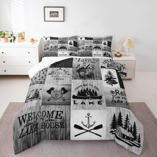 Lake Life Comforter Set Full Size,Camping Fishing Quilt Set Bear Anchor Pine Print Grid Bedding Set Kids Boys Men Adult Rustic Cabin Room Decor Grey Retro Patchwork Plaid Duvet Insert 3Pcs