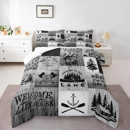 Lake Life Comforter Set Full Size,Camping Fishing Quilt Set Bear Anchor Pine Print Grid Bedding Set Kids Boys Men Adult Rustic Cabin Room Decor Grey Retro Patchwork Plaid Duvet Insert 3Pcs