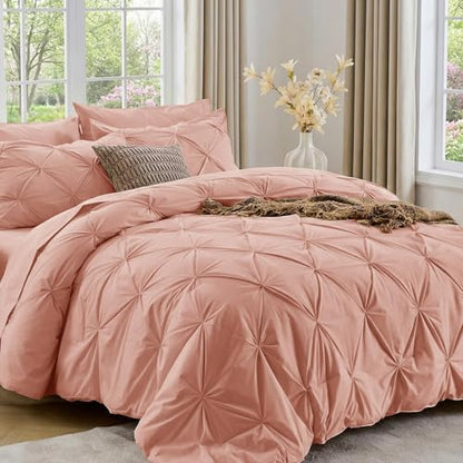 Sasttie Twin Comforter Set, 5-Piece Bed in a Bag, Pintuck Bedding Sets for All Season, Includes Comforter, Flat Sheet, Fitted Sheet, Pillowcase and Pillowsham, Blush