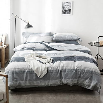 mixinni Farmhouse Queen Gray Striped Comforter Set Queen Size Bed Fluffy Geometric Pattern Comforter for Boys Men, 1 Geometric Comforter and 2 Pillow Shams, All Season-Queen Size