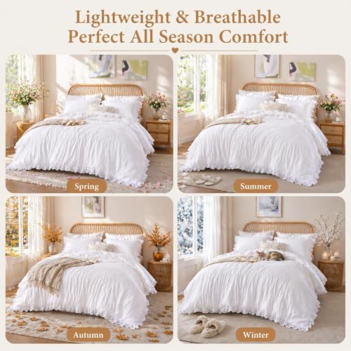 JANZAA White Comforter Set Oversized King, Ruffle Soft Bedding