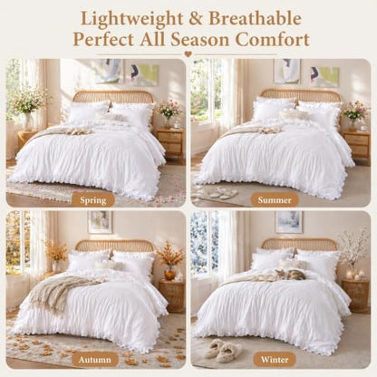 JANZAA White Comforter Set Oversized King, Ruffle Soft Bedding